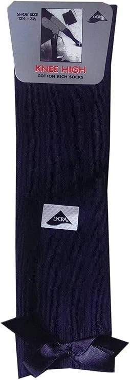 GIRLS KNEE HIGH COTTON LYCRA SOCKS WITH MATCHING BOW.