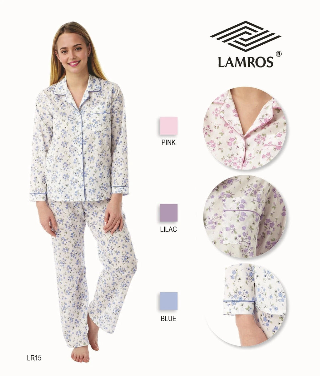 LADIES FLORAL DESIGN LONG SLEEVE POLYCOTTON PYJAMA BY LAMROS