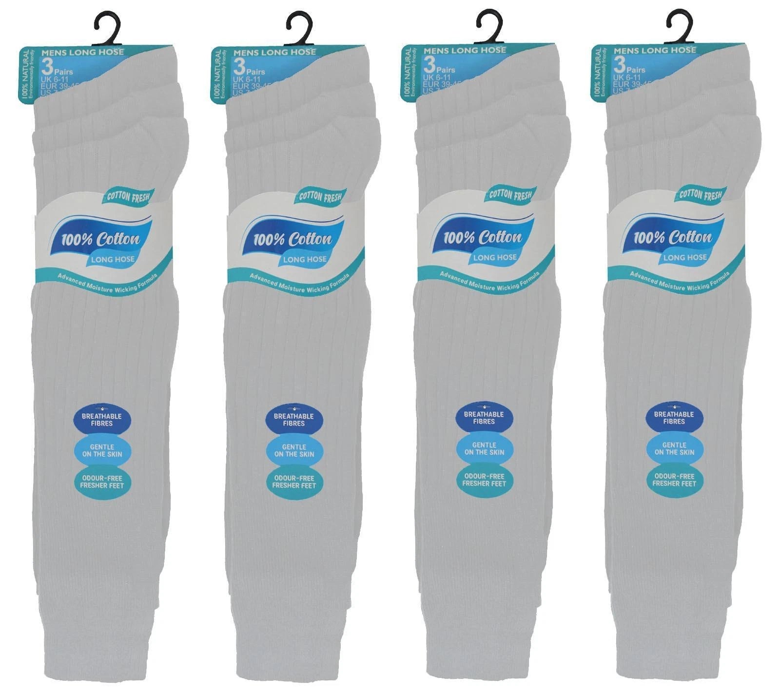 MEN'S Long Hose 100% Cotton Knee High Ribbed Socks Size UK(6-11) white