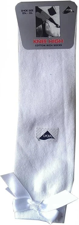 GIRLS KNEE HIGH COTTON LYCRA SOCKS WITH MATCHING BOW.
